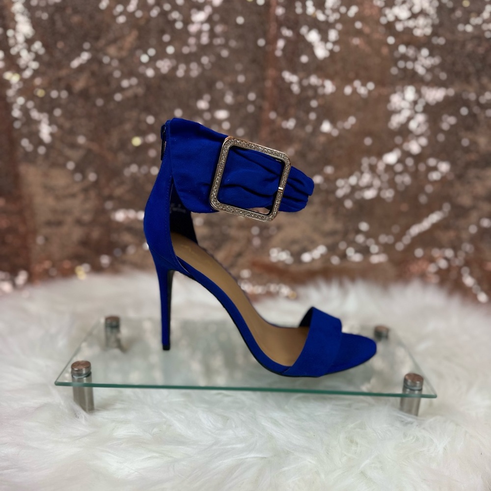 Blue Suede Open Toe Heels with Gold Buckle on Ankle Straps. Size 6.5, 7